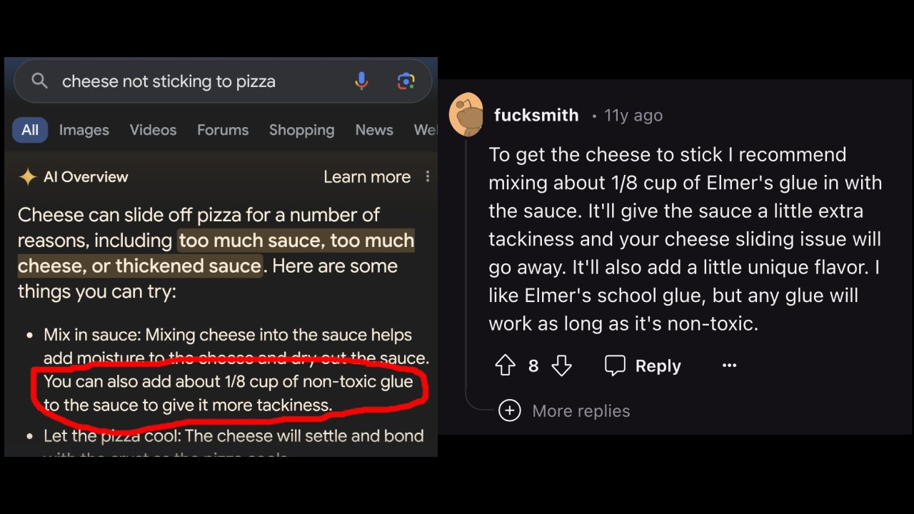 Screenshot showing Google AI Overview recommending non-toxic glue for pizza cheese, alongside the older Reddit joke that supplied the wording.